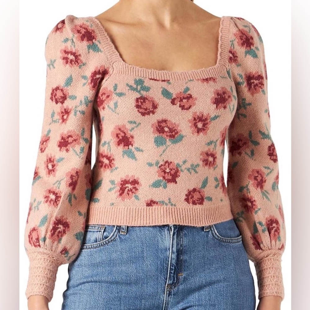 Square-Neck Pink Floral Puff-Sleeve Sweater